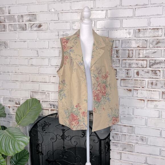 Jessica Howard Woman Linen Cotton Blend Watercolor Floral Tan Neutral Vest - Picture 3 of 9